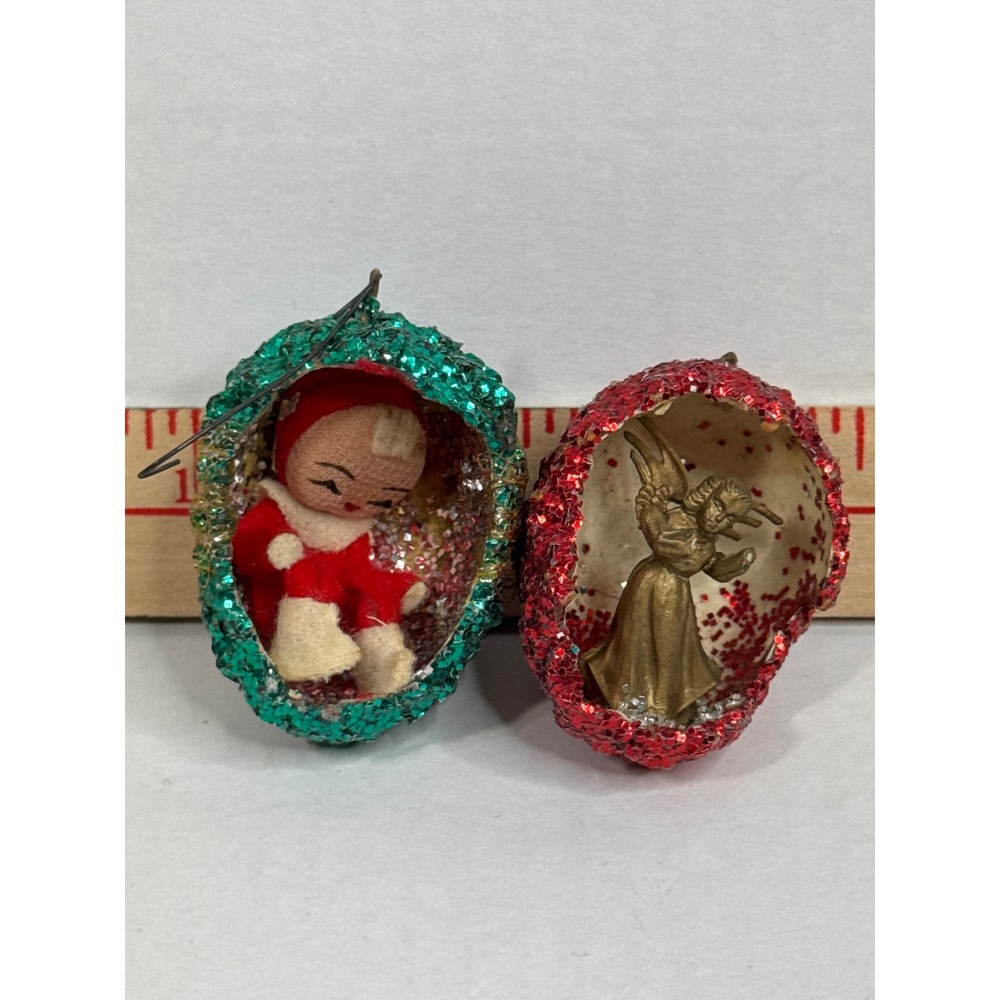 Walnut Shell Christmas Ornaments Glitter Diorama Angel Elf Pixie Mid Cent 60s